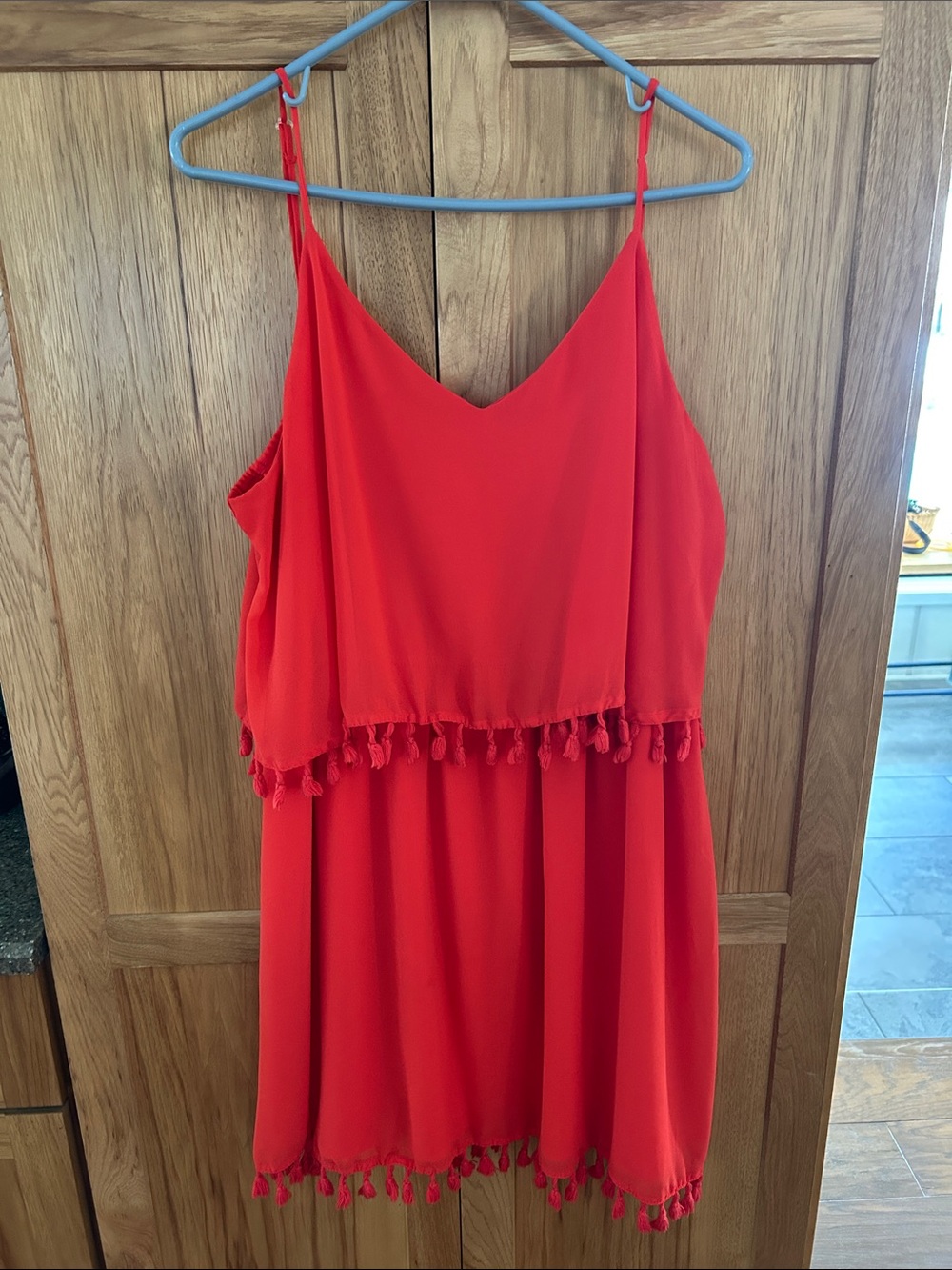 Coral/Red Tassel Trim Spaghetti Strap Dress